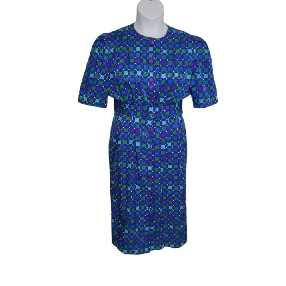 VINTAGE 80s dress kaleidoscope short sleeve belted blue‎ sheath S